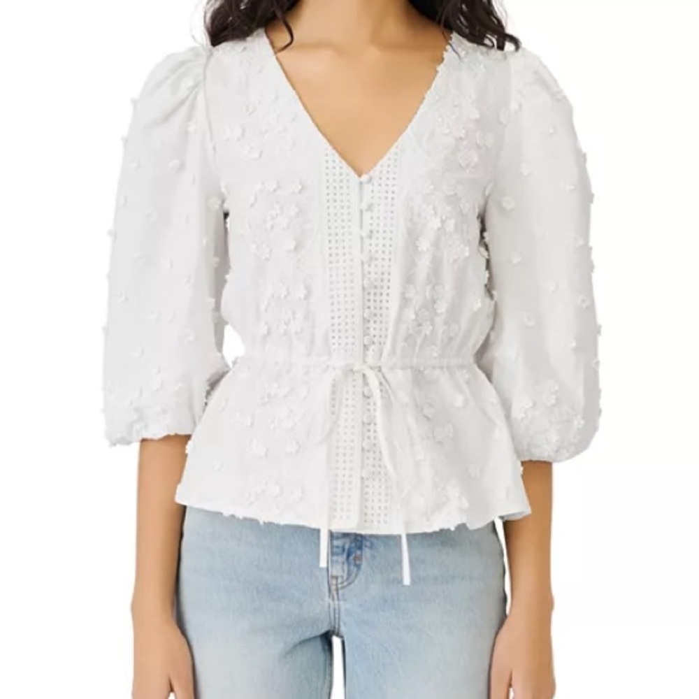 Maje Loxitane White Embroidered Top with Cinched Waist
